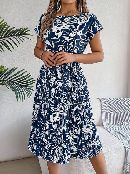 Tied Pleated Printed Short Sleeve Dress - Siennasass