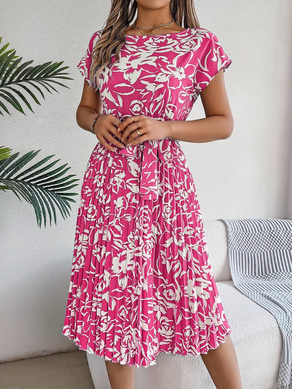 Tied Pleated Printed Short Sleeve Dress - Siennasass