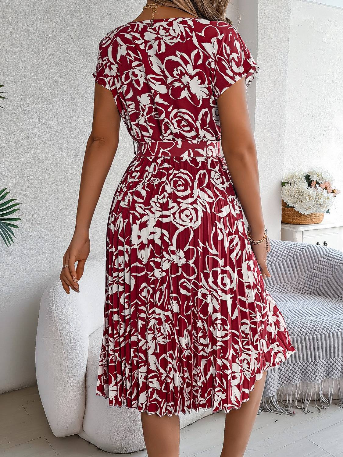 Tied Pleated Printed Short Sleeve Dress - Siennasass