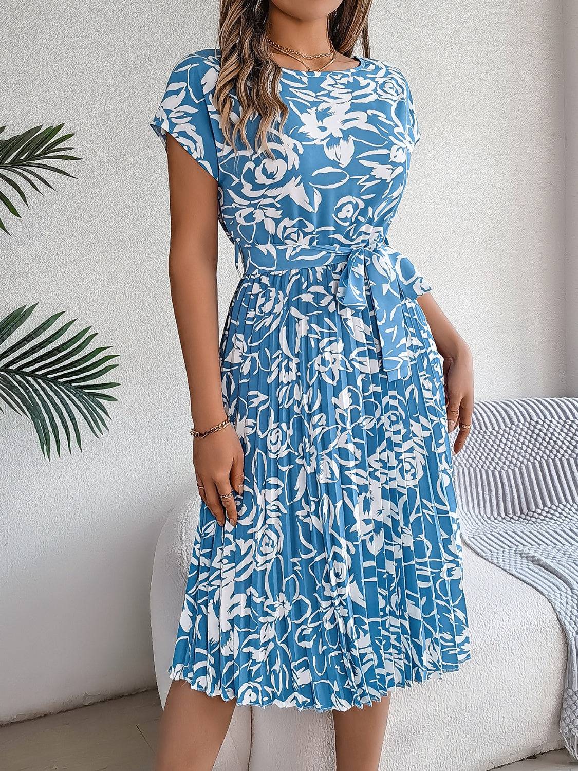 Tied Pleated Printed Short Sleeve Dress - Siennasass