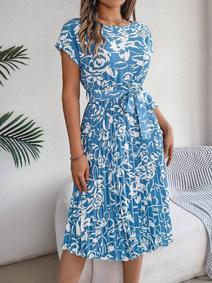 Tied Pleated Printed Short Sleeve Dress - Siennasass