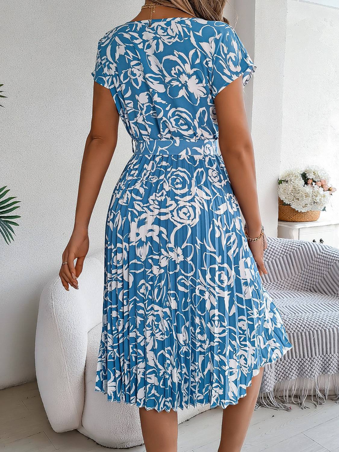 Tied Pleated Printed Short Sleeve Dress - Siennasass