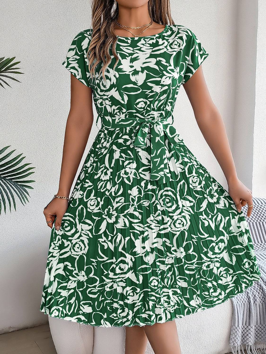 Tied Pleated Printed Short Sleeve Dress - Siennasass
