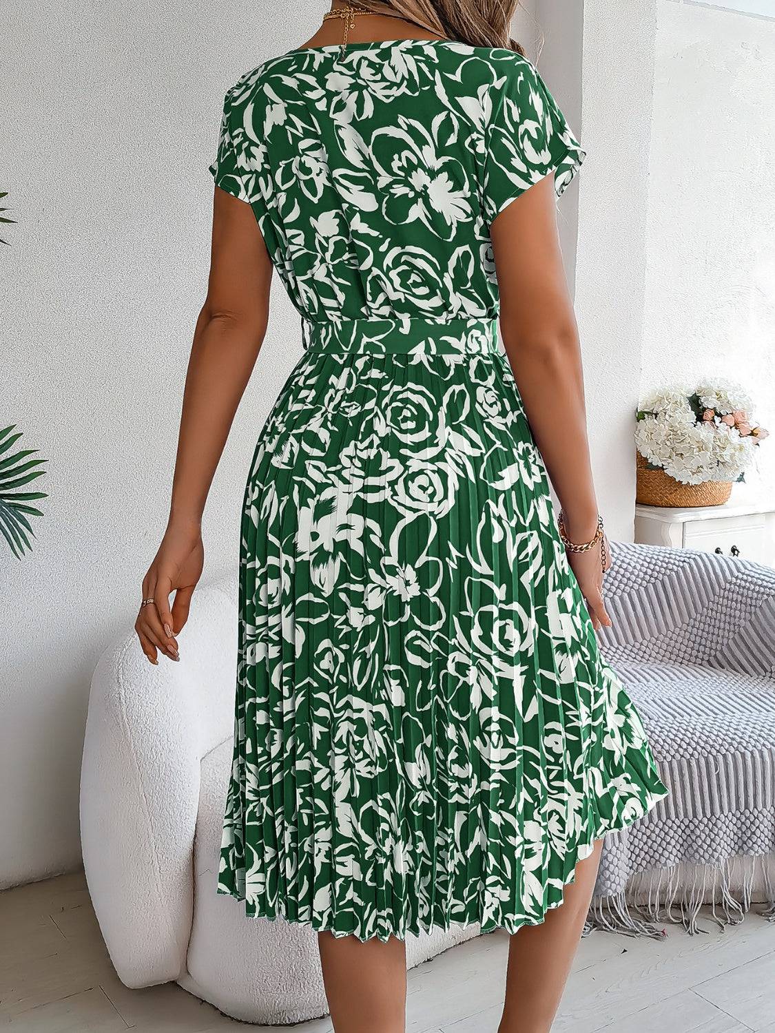 Tied Pleated Printed Short Sleeve Dress - Siennasass