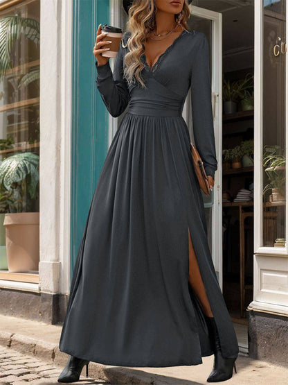 Lace Detail Slit V-Neck Long Sleeve Dress - Siennasass