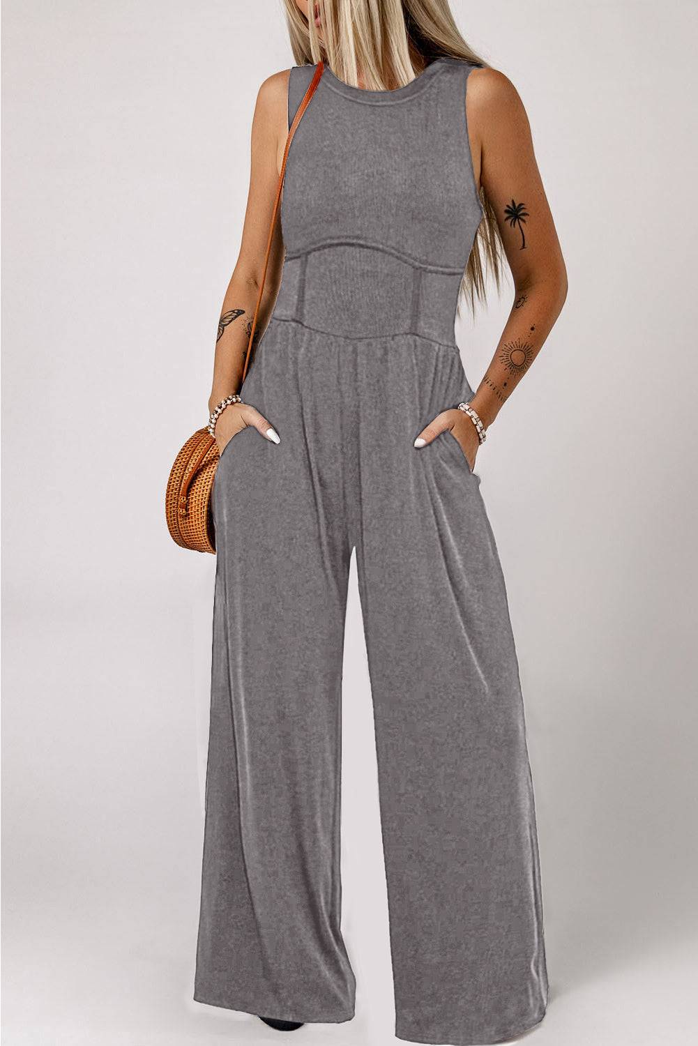Round Neck Sleeveless Jumpsuit with Pockets - Siennasass