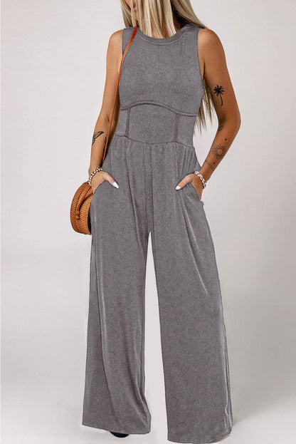 Round Neck Sleeveless Jumpsuit with Pockets - Siennasass