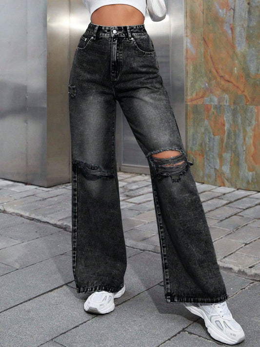 Distressed-Jeans mit weitem Bein und Taschen