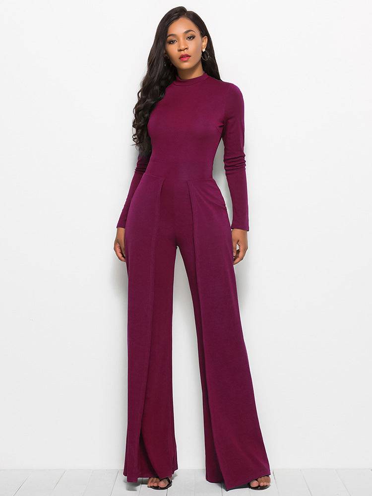 Long Sleeve Mock Neck Wide Leg Jumpsuit - Siennasass