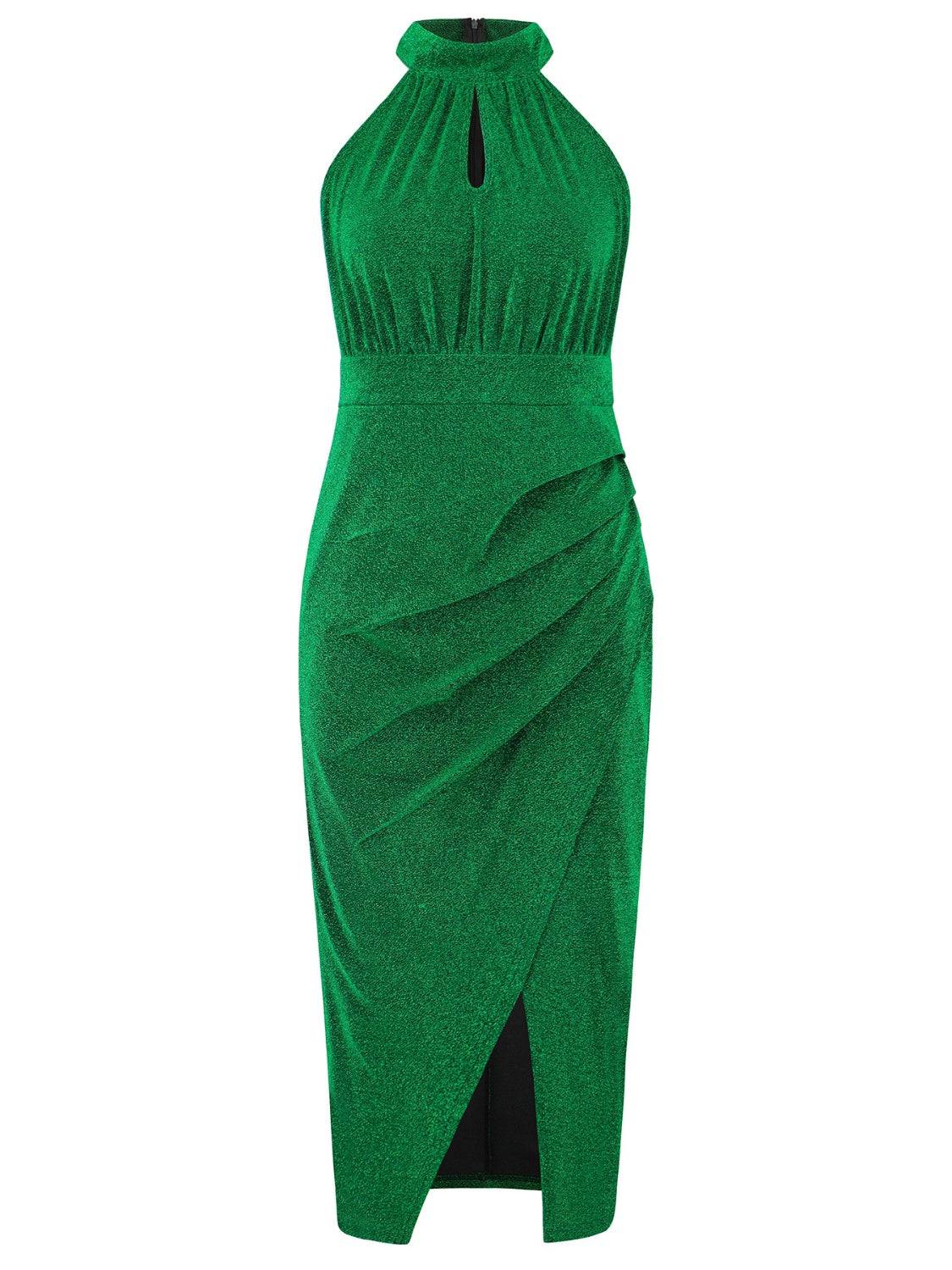 Ärmelloses Kleid mit gerafftem Stehkragen und Schlitz
