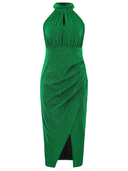 Ärmelloses Kleid mit gerafftem Stehkragen und Schlitz