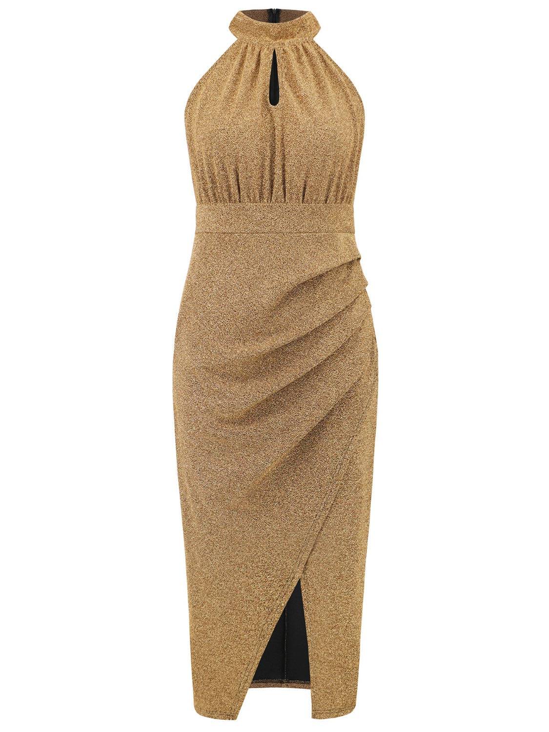 Ärmelloses Kleid mit gerafftem Stehkragen und Schlitz