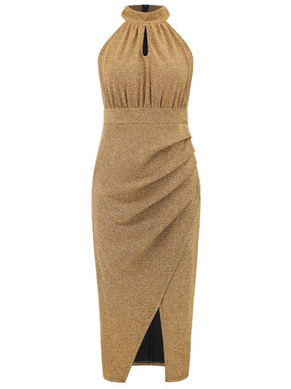 Ärmelloses Kleid mit gerafftem Stehkragen und Schlitz