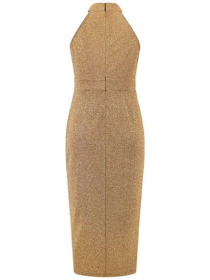 Ärmelloses Kleid mit gerafftem Stehkragen und Schlitz
