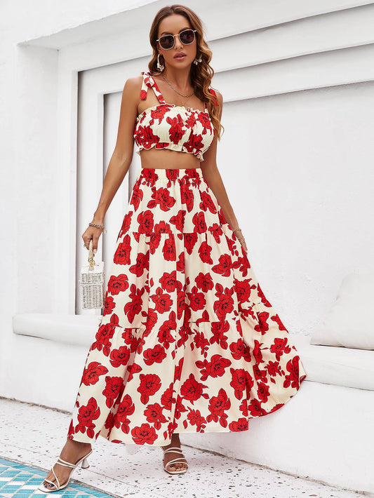 Floral Tie Shoulder Top and Tiered Maxi Skirt Set - Siennasass