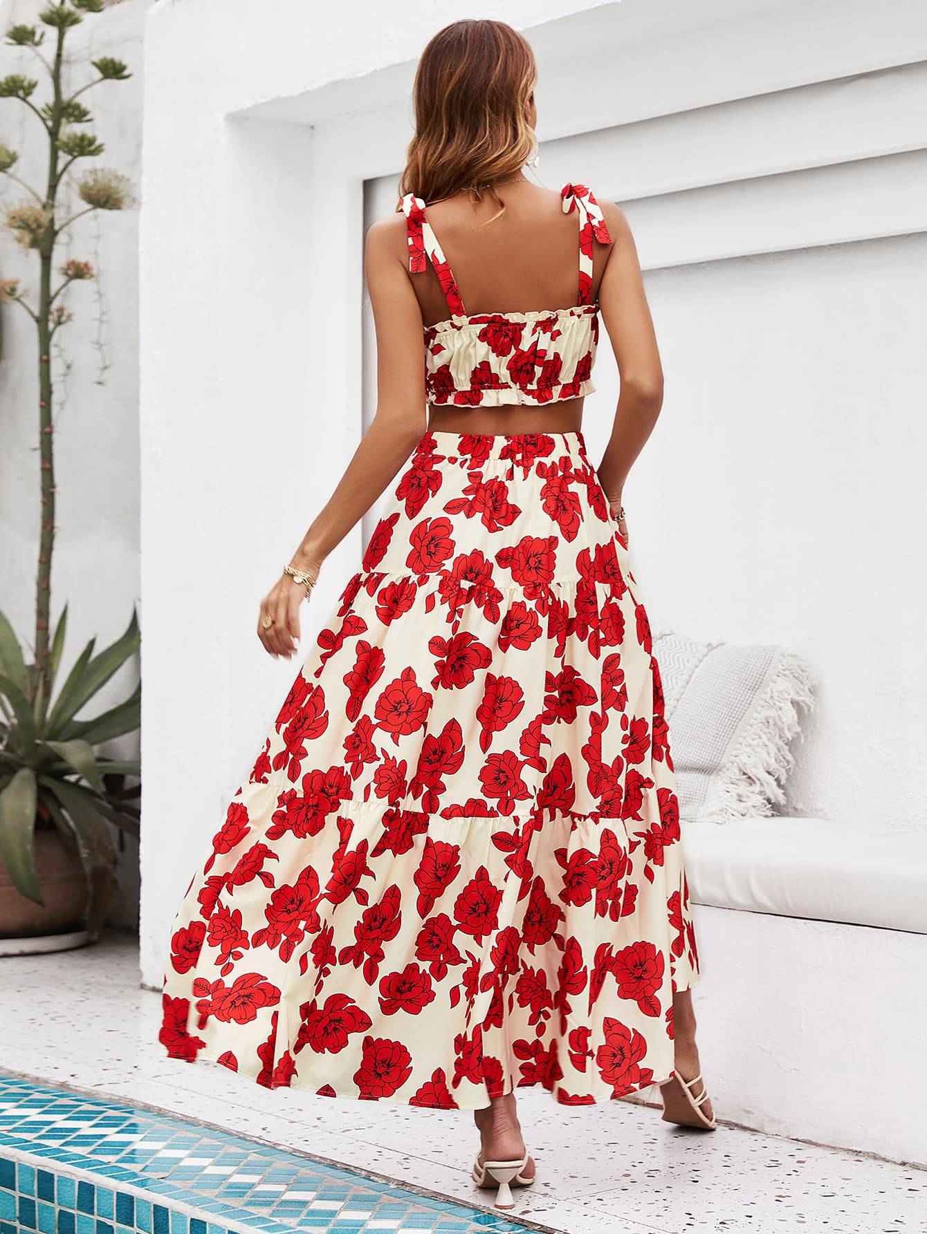 Floral Tie Shoulder Top and Tiered Maxi Skirt Set - Siennasass
