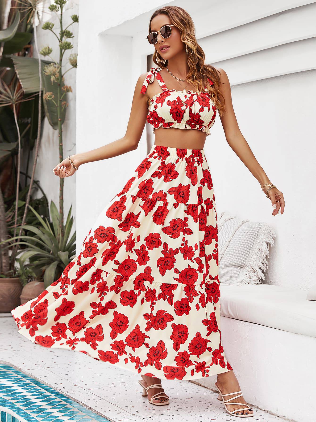 Floral Tie Shoulder Top and Tiered Maxi Skirt Set - Siennasass