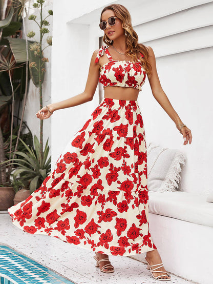 Floral Tie Shoulder Top and Tiered Maxi Skirt Set - Siennasass