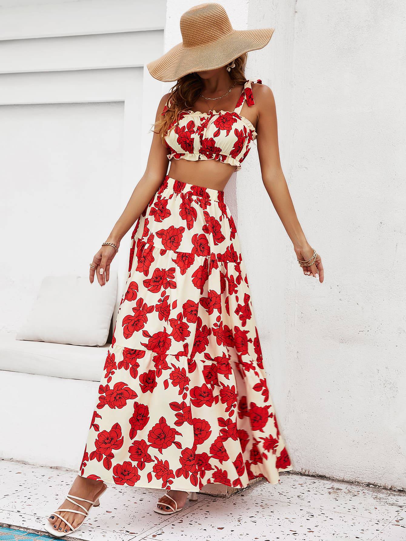 Floral Tie Shoulder Top and Tiered Maxi Skirt Set - Siennasass