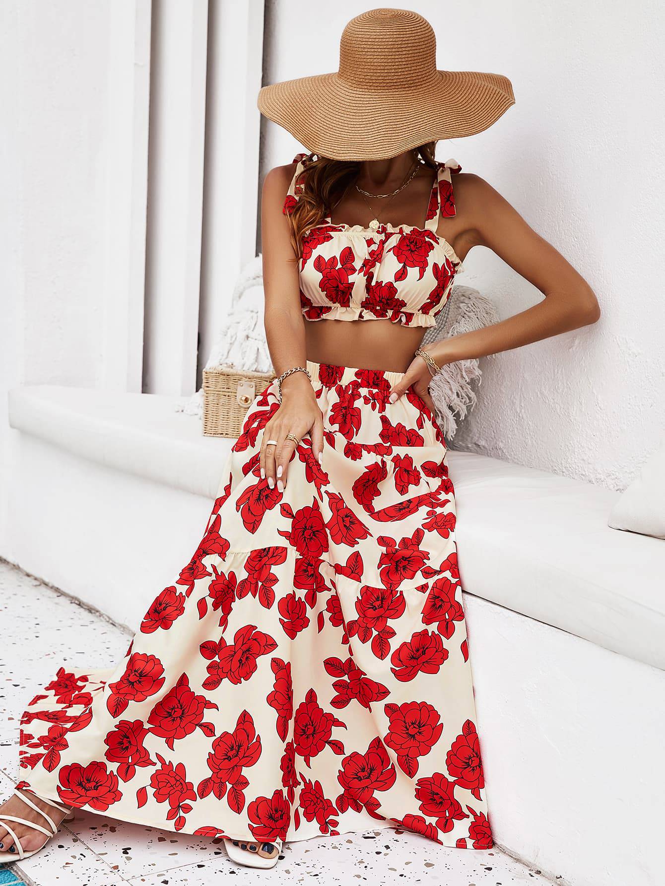 Floral Tie Shoulder Top and Tiered Maxi Skirt Set - Siennasass