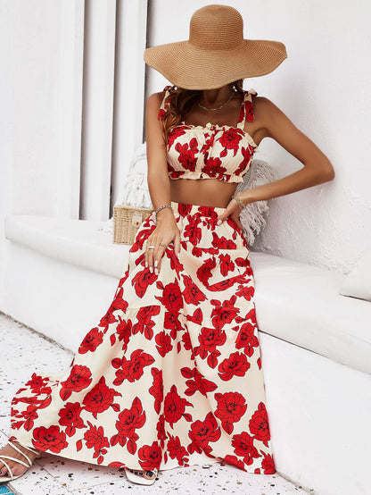 Floral Tie Shoulder Top and Tiered Maxi Skirt Set - Siennasass