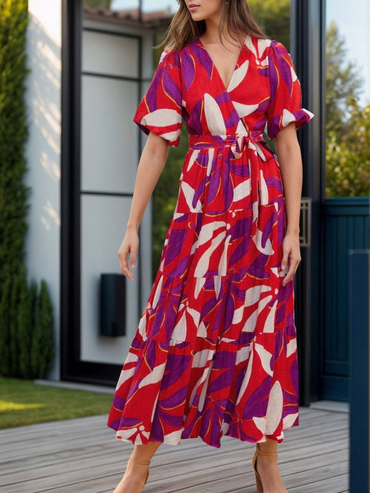 Tied Slit Printed Half Sleeve Midi Dress - Siennasass