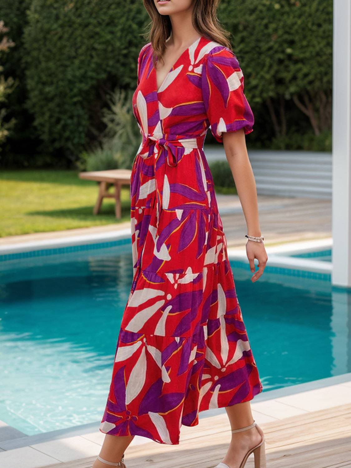 Tied Slit Printed Half Sleeve Midi Dress - Siennasass