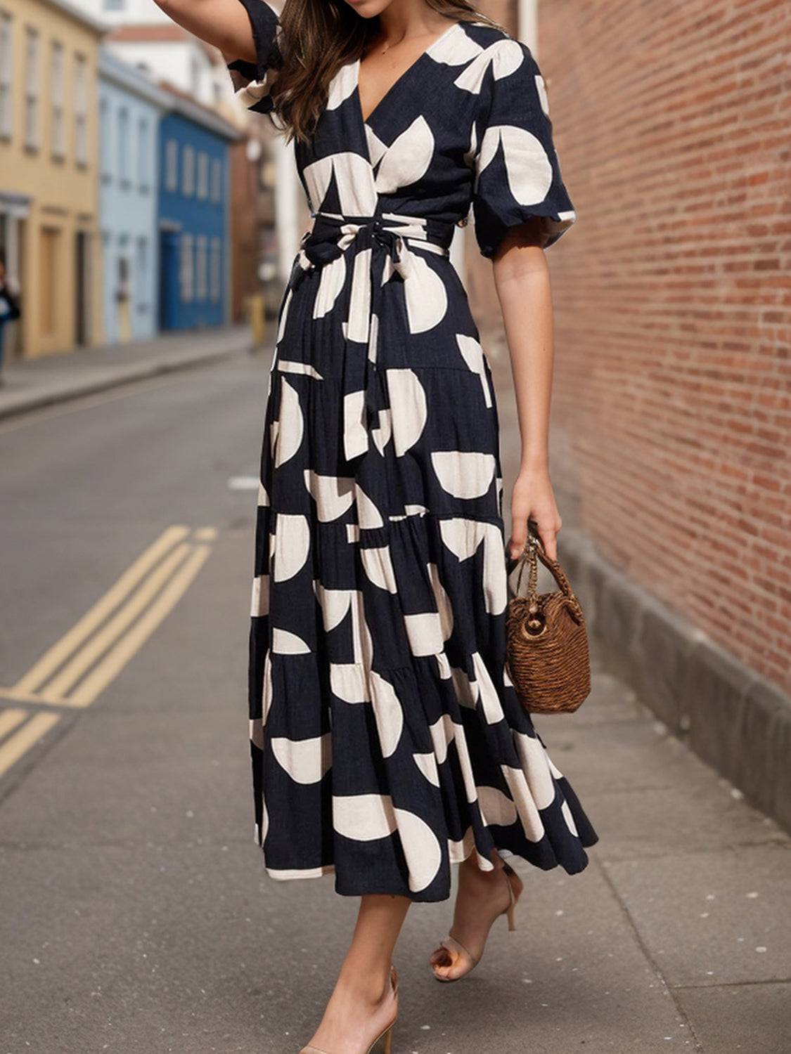 Tied Slit Printed Half Sleeve Midi Dress - Siennasass