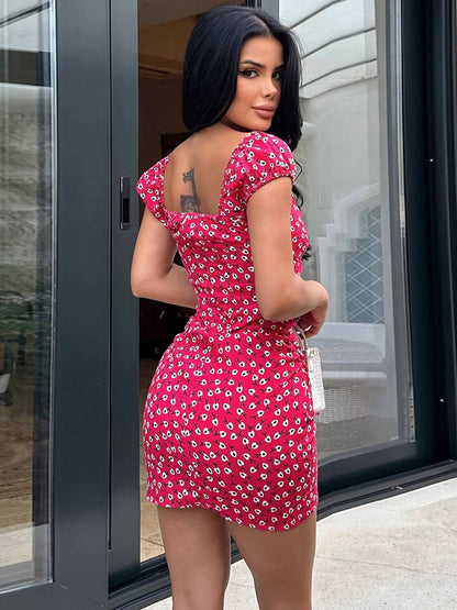 Printed V-Neck Short Sleeve Mini Dress - Siennasass