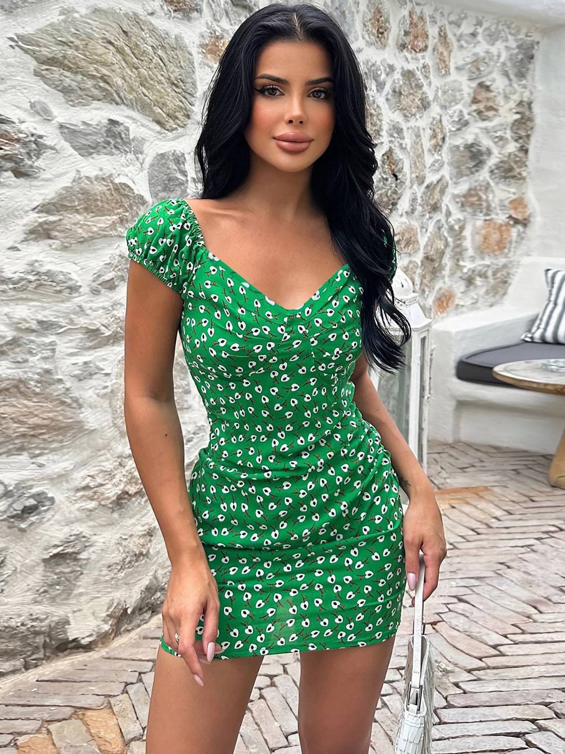 Printed V-Neck Short Sleeve Mini Dress - Siennasass