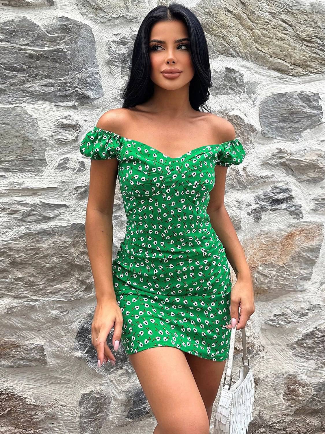 Printed V-Neck Short Sleeve Mini Dress - Siennasass