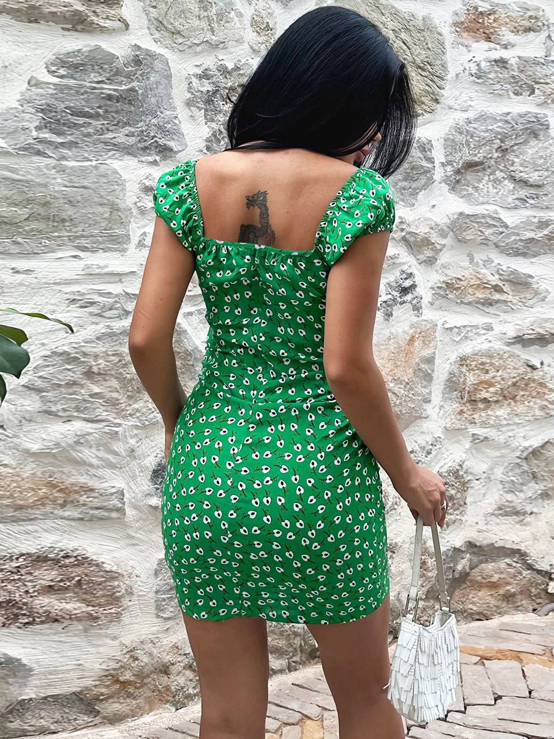 Printed V-Neck Short Sleeve Mini Dress - Siennasass