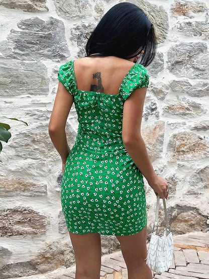 Printed V-Neck Short Sleeve Mini Dress - Siennasass