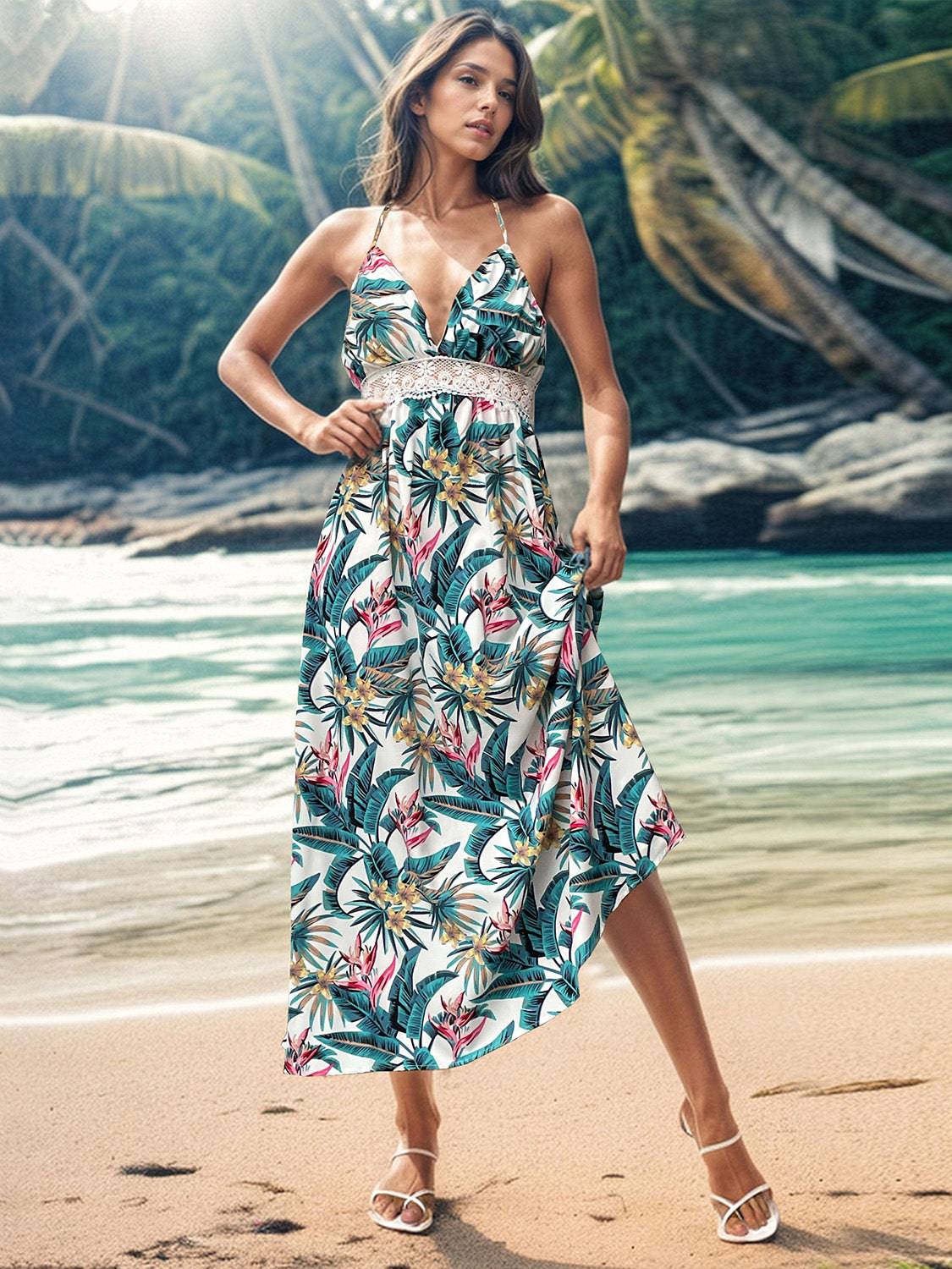 Lace Detail Printed Halter Neck Midi Cami Dress - Siennasass