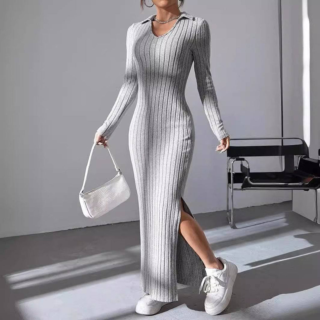 Knitted Slim Lapel Long Sleeve Dress