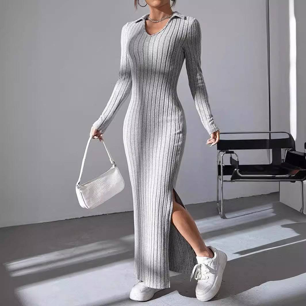 Knitted Slim Lapel Long Sleeve Dress