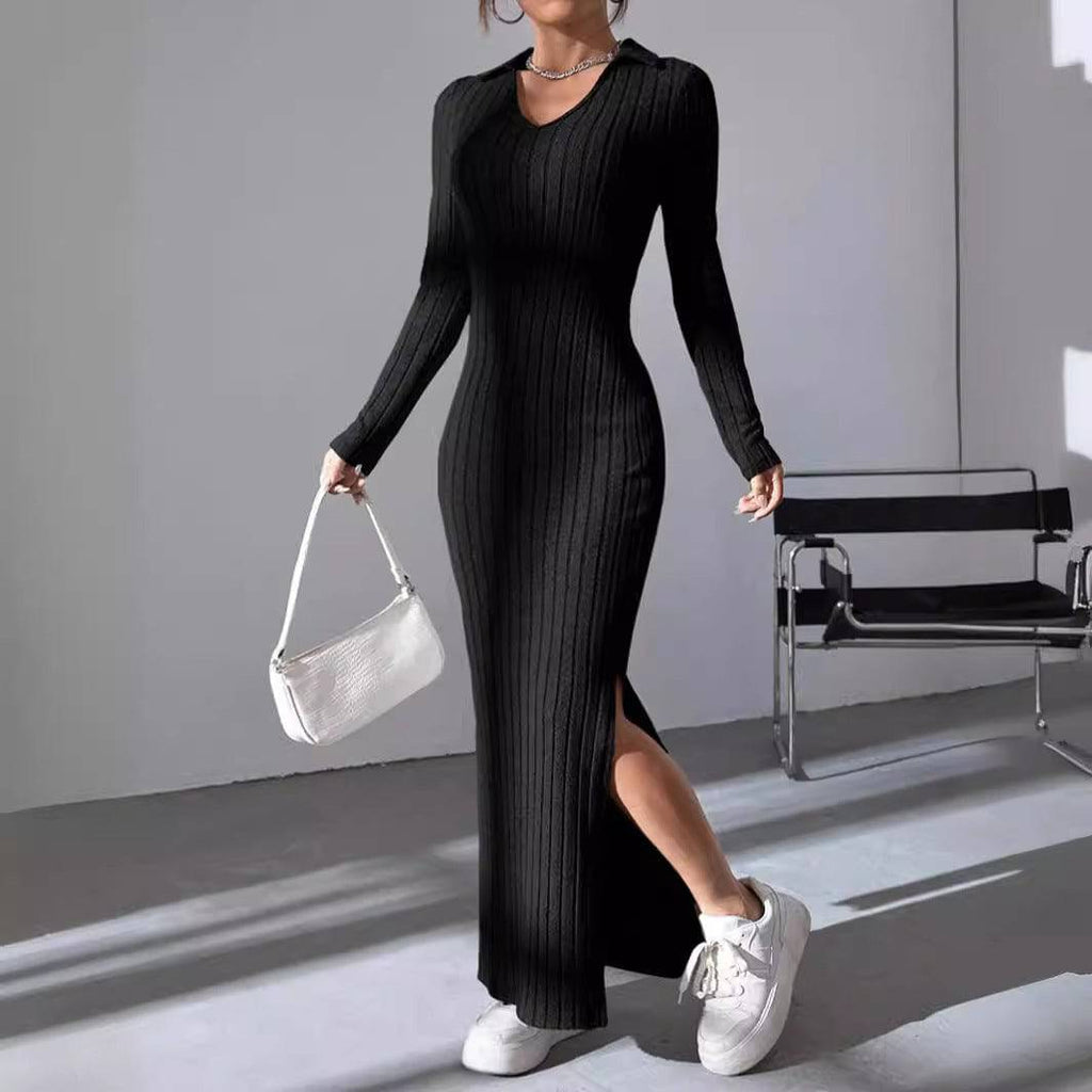 Knitted Slim Lapel Long Sleeve Dress