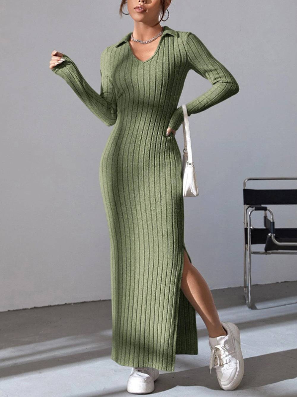 Knitted Slim Lapel Long Sleeve Dress