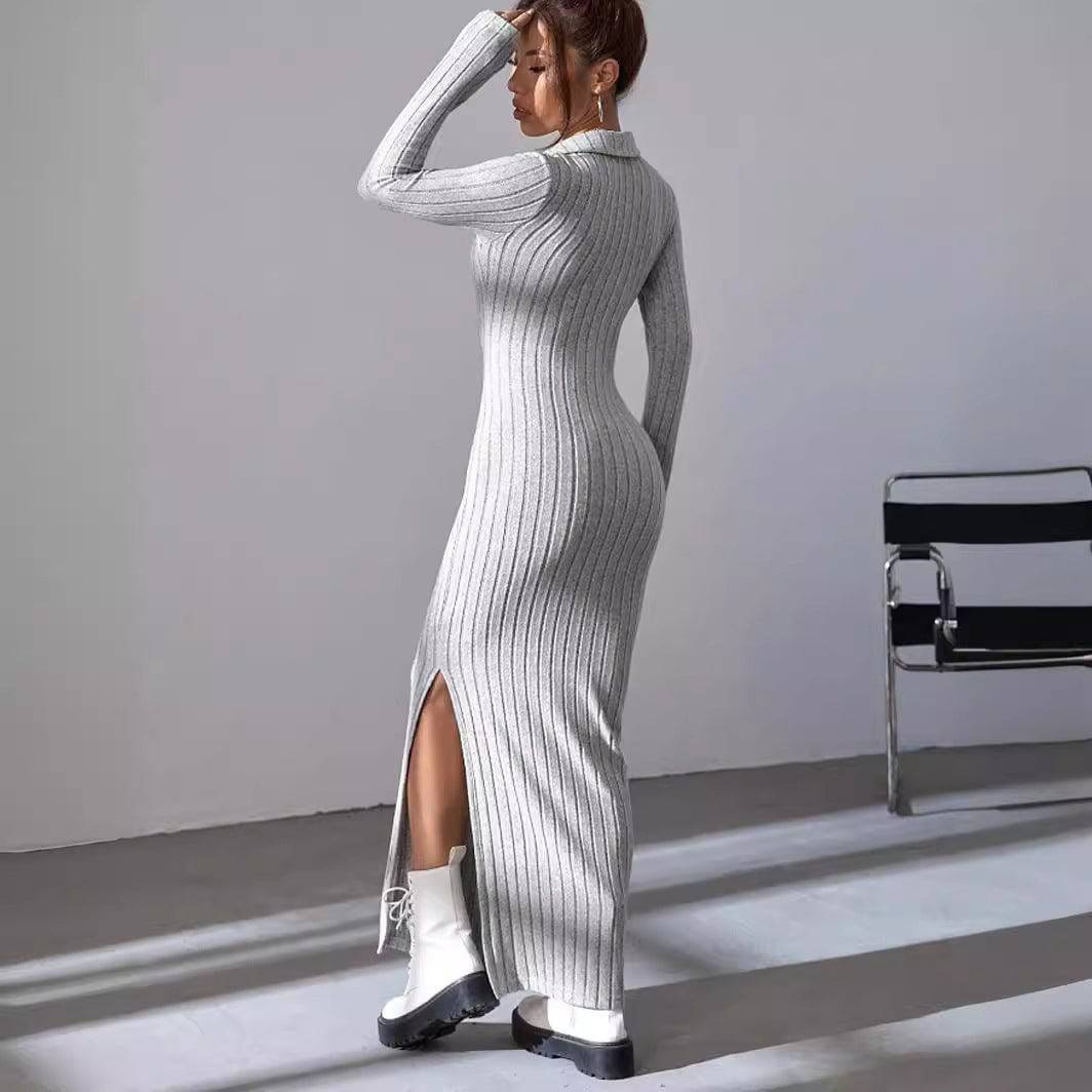 Knitted Slim Lapel Long Sleeve Dress