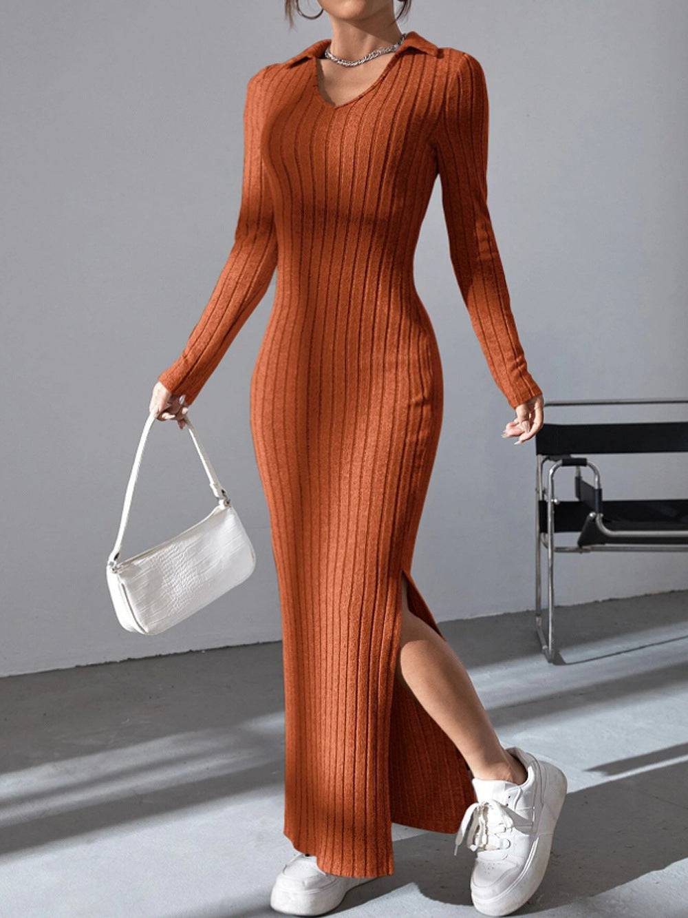 Knitted Slim Lapel Long Sleeve Dress