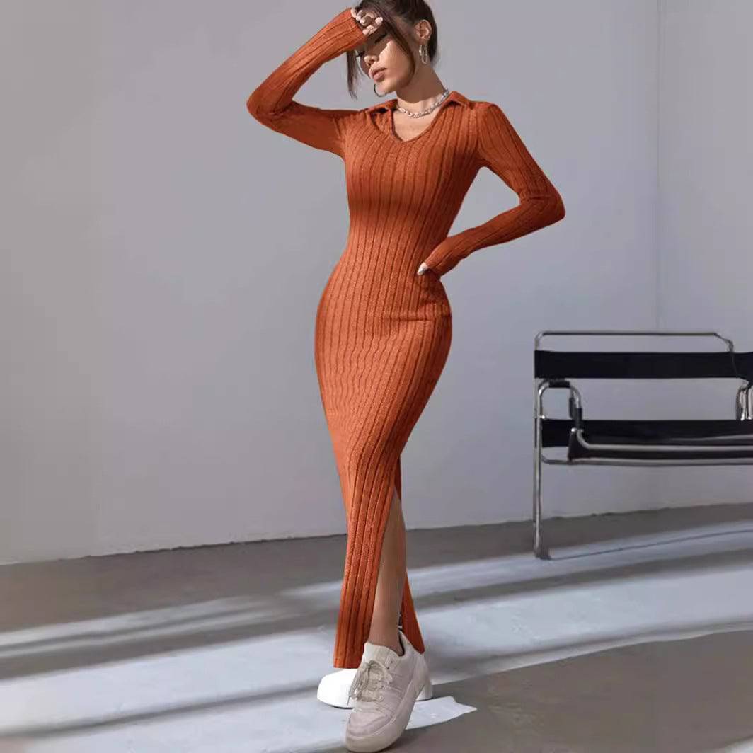 Knitted Slim Lapel Long Sleeve Dress