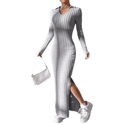 Knitted Slim Lapel Long Sleeve Dress