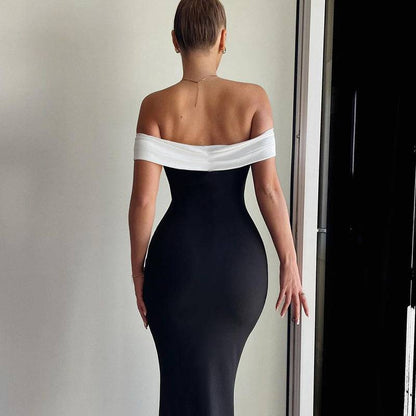 Lässiges schulterfreies Kleid in Kontrastfarbe