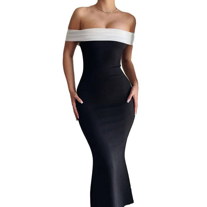 Contrast Color Casual Off-shoulder Dress