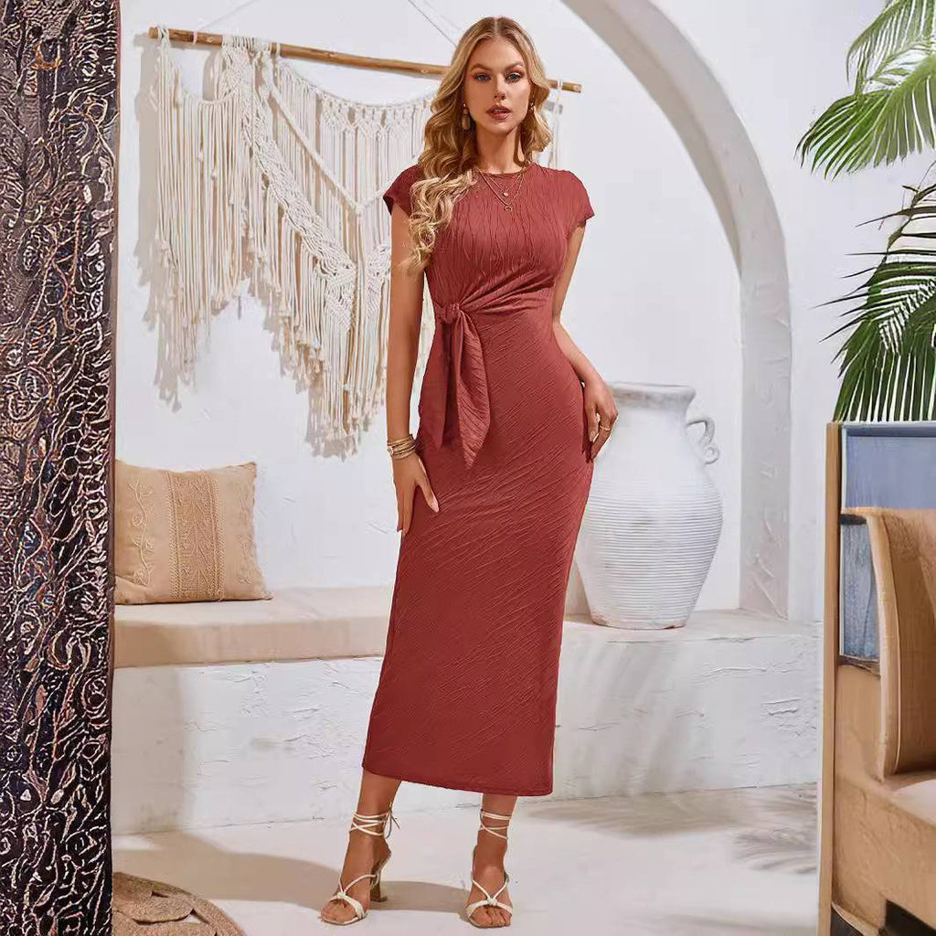 Round Neck Waist Trimming Knitted Lace-up Dress