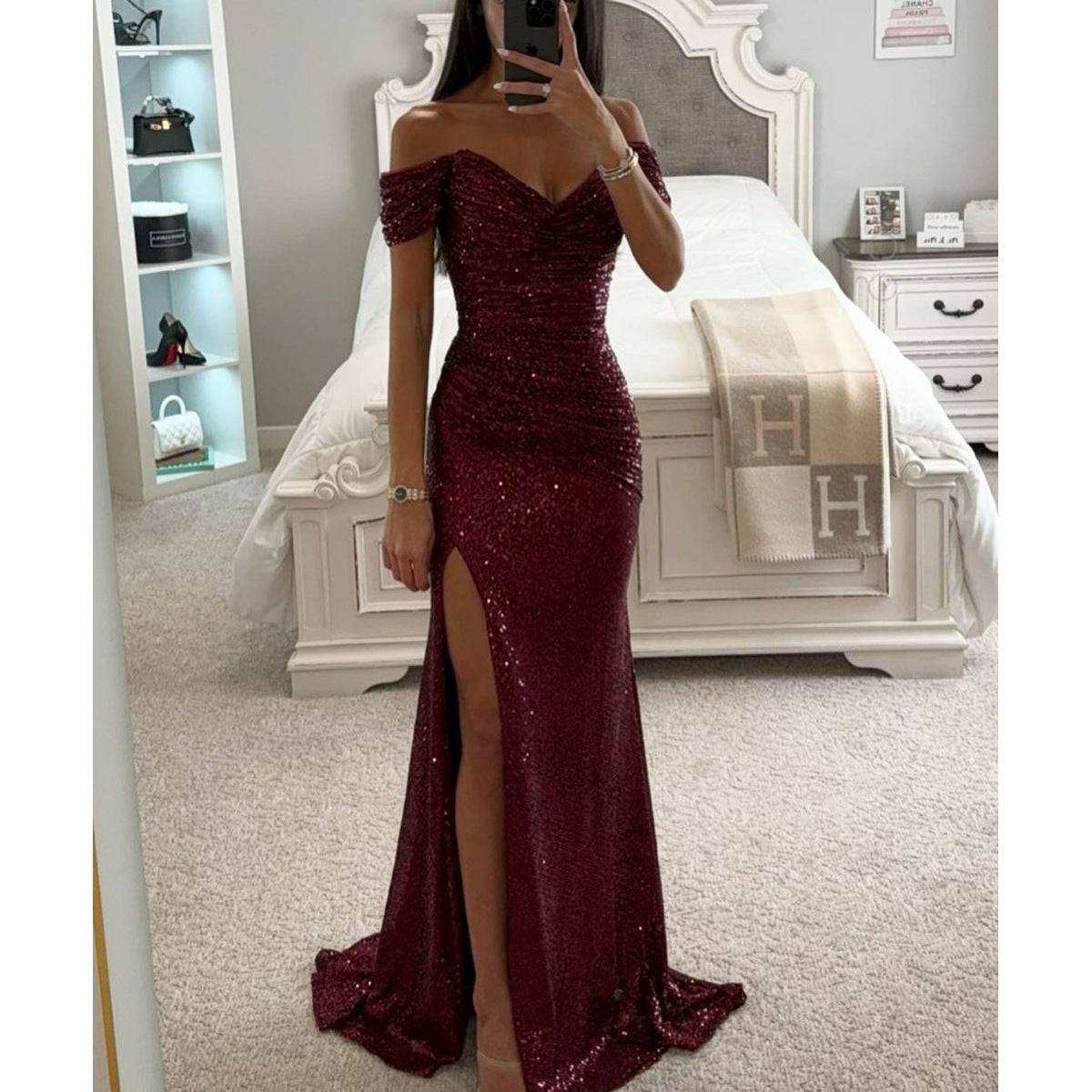 Sequins Off-neck Split Dress