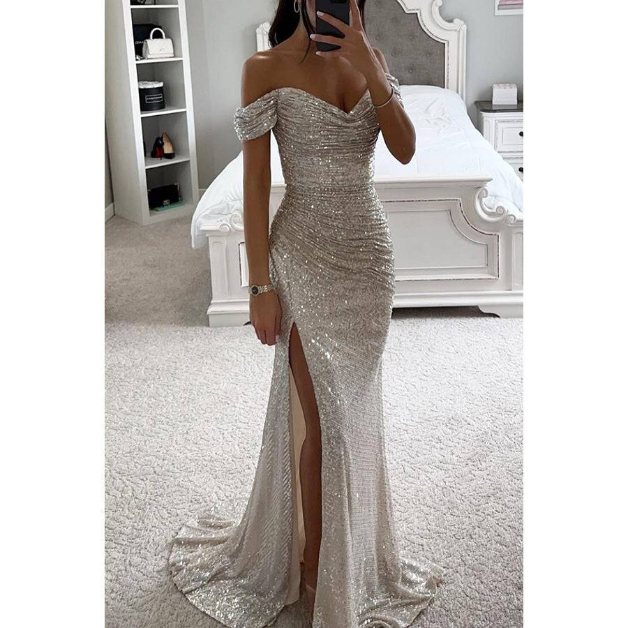 Sequins Off-neck Split Dress