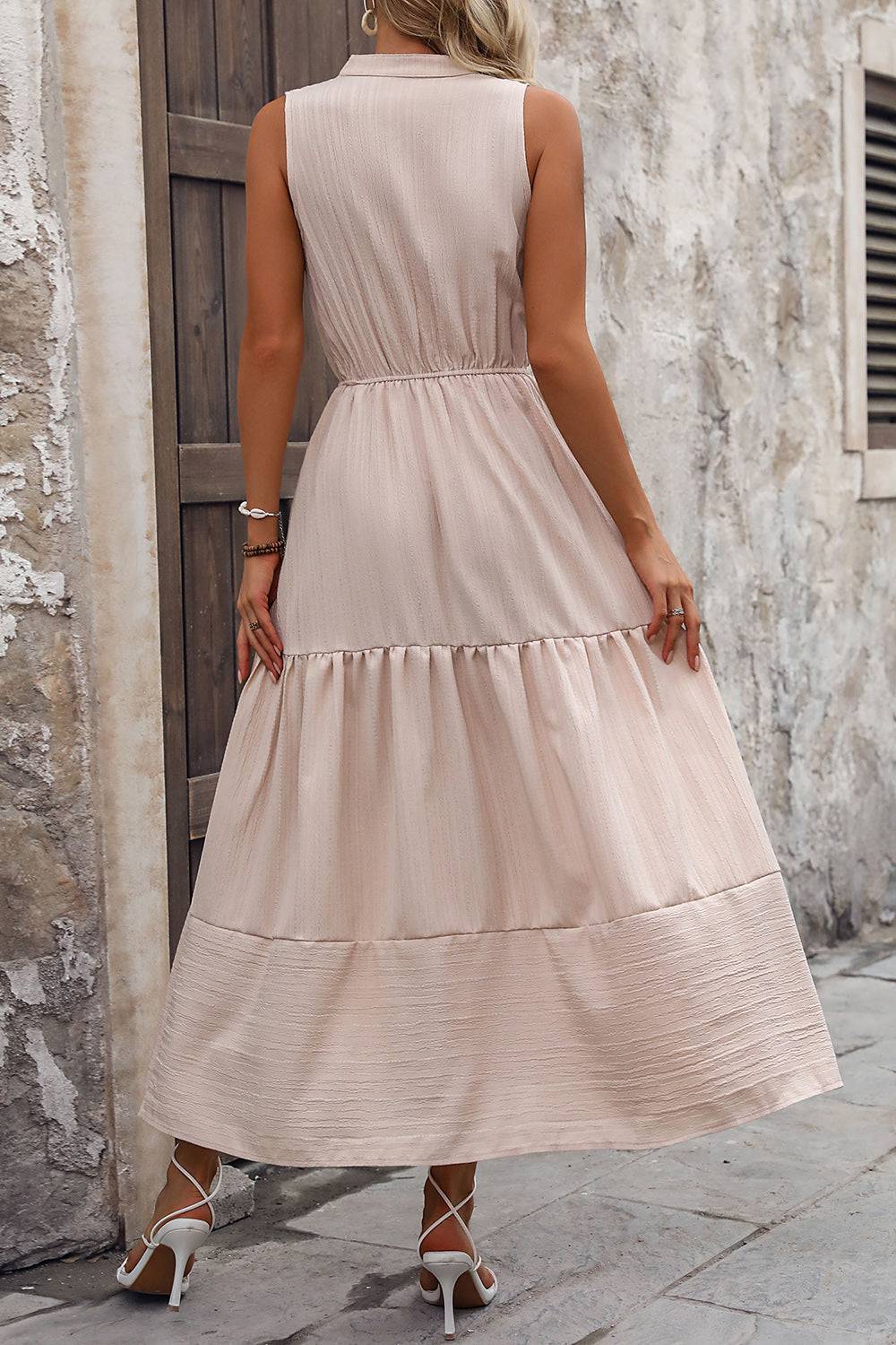 Decorative Button Notched Tiered Dress - Siennasass