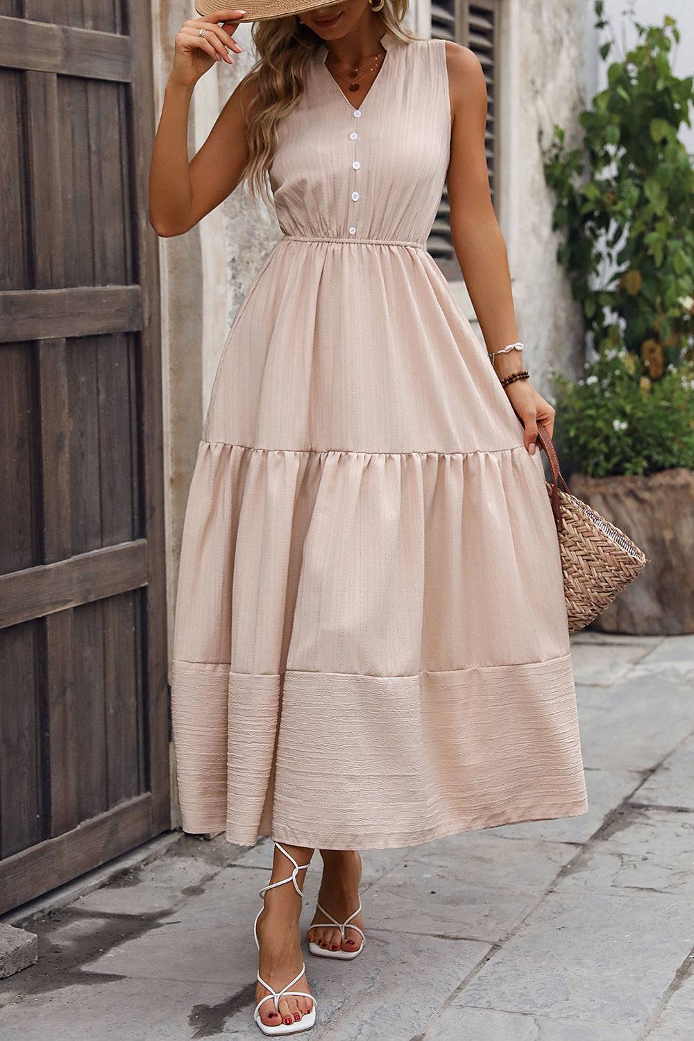 Decorative Button Notched Tiered Dress - Siennasass