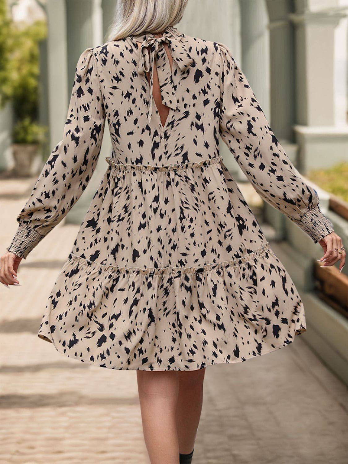 Frill Printed Mock Neck Long Sleeve Mini Dress - Siennasass